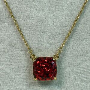 New Kate Spade Red Glitter Confetti Cause A Stir Gold Square Pendant Necklace
